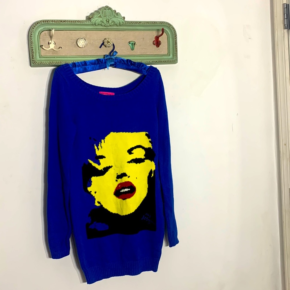 Vintage Betsy Johnson Pop art Marilyn Monroe tunic knit sweater large blue